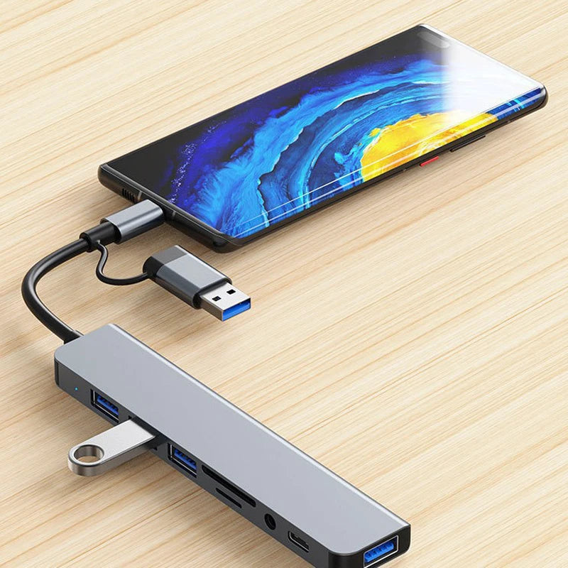 8-in-2 USB & Type-C Docking Station – Multiport Adapter with Audio & Card Reader