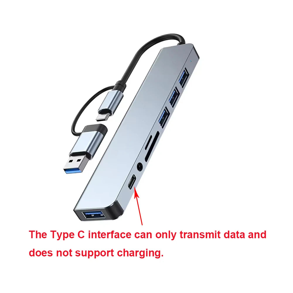 8-in-2 USB & Type-C Docking Station – Multiport Adapter with Audio & Card Reader
