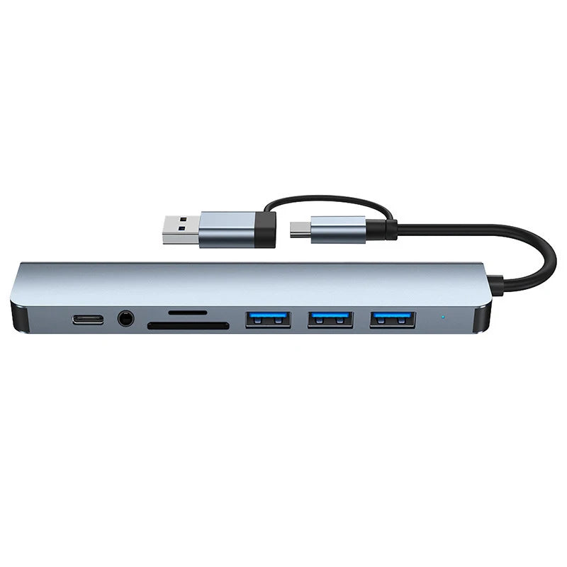 8-in-2 USB & Type-C Docking Station – Multiport Adapter with Audio & Card Reader