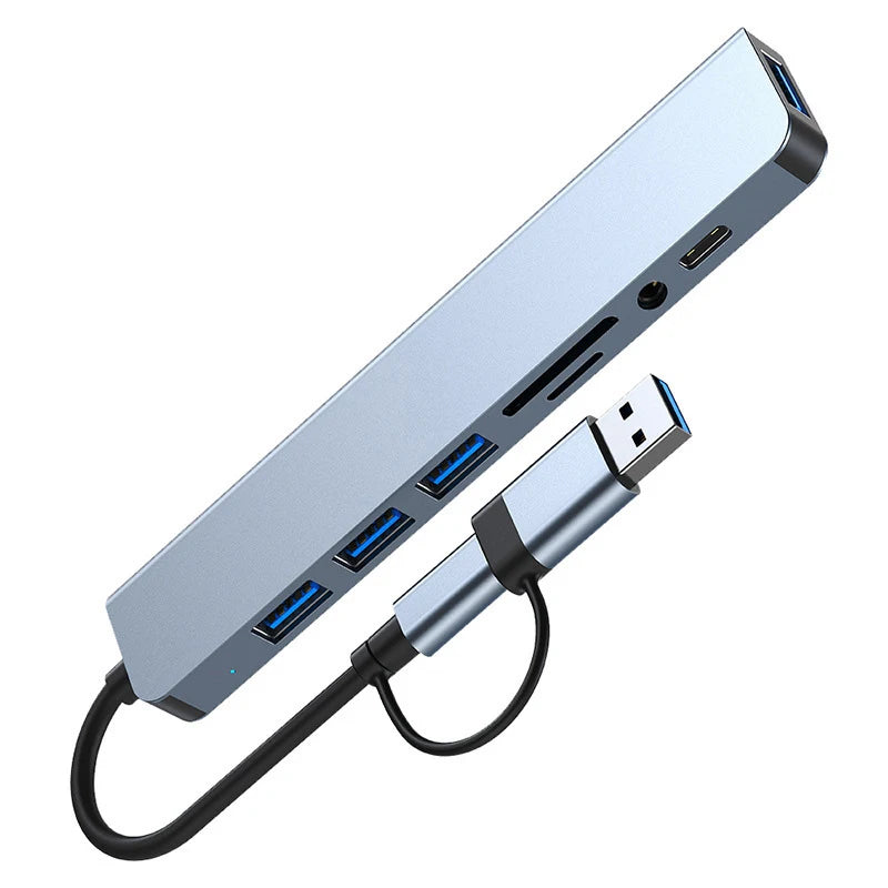 8-in-2 USB & Type-C Docking Station – Multiport Adapter with Audio & Card Reader