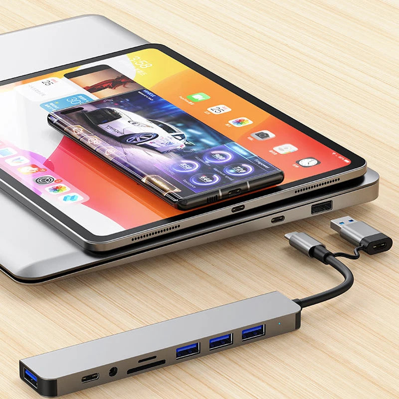 8-in-2 USB & Type-C Docking Station – Multiport Adapter with Audio & Card Reader