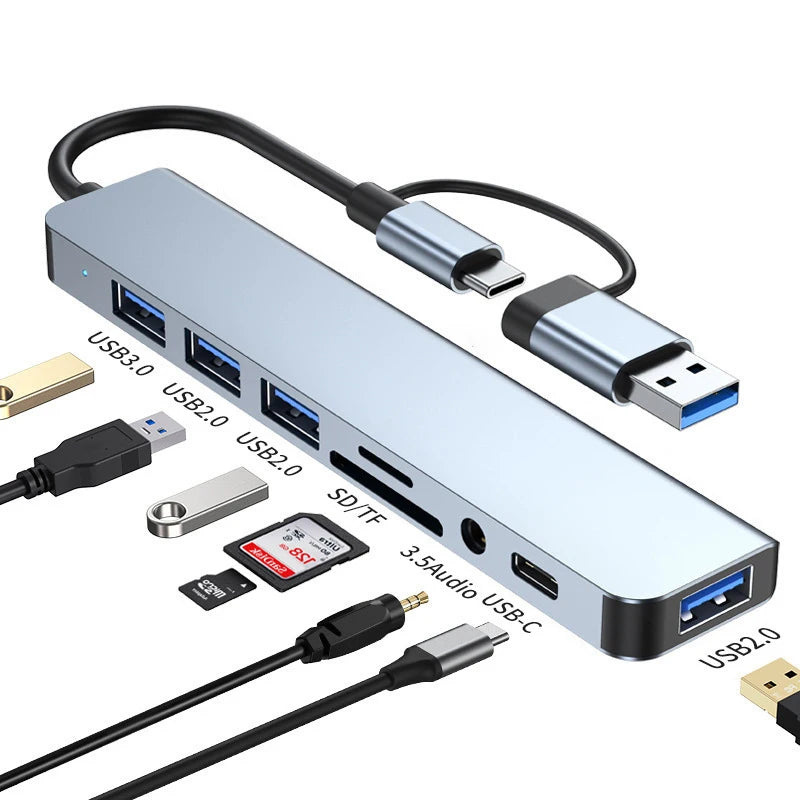 8-in-2 USB & Type-C Docking Station – Multiport Adapter with Audio & Card Reader