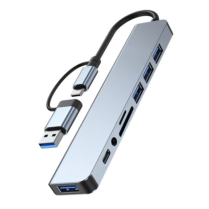 8-in-2 USB & Type-C Docking Station – Multiport Adapter with Audio & Card Reader