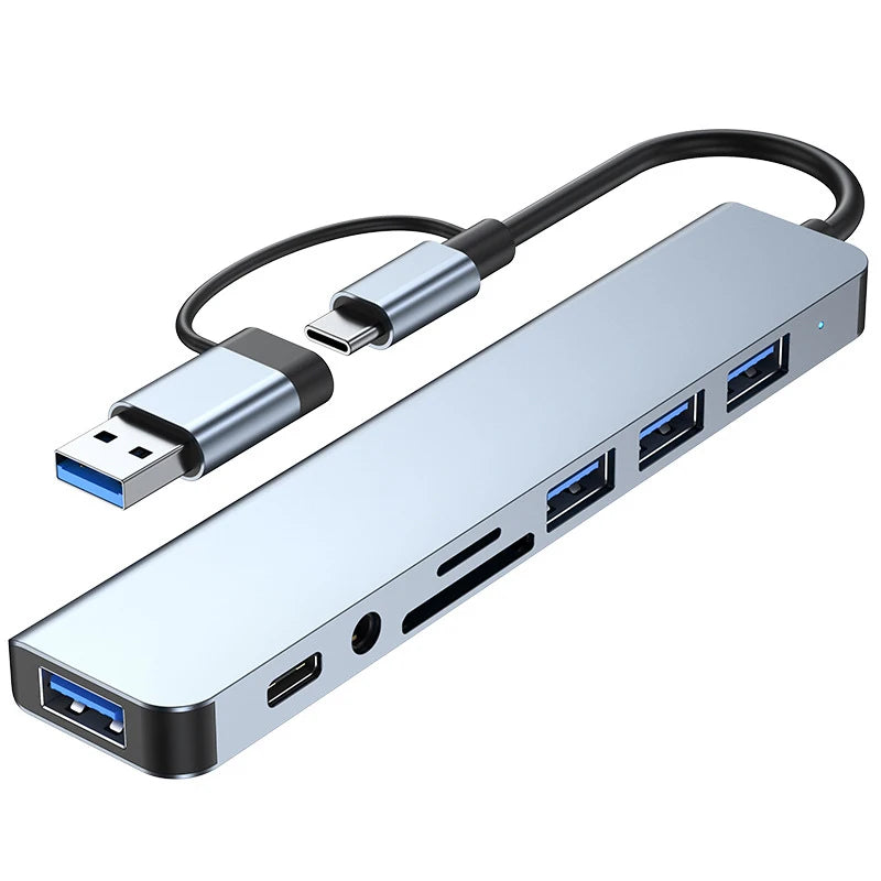 8-in-2 USB & Type-C Docking Station – Multiport Adapter with Audio & Card Reader