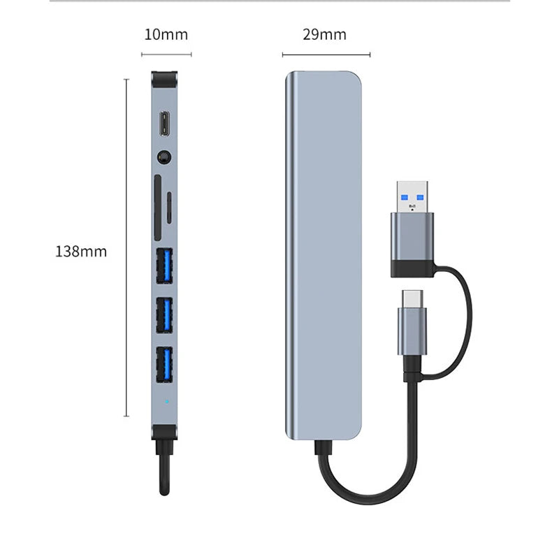 8-in-2 USB & Type-C Docking Station – Multiport Adapter with Audio & Card Reader