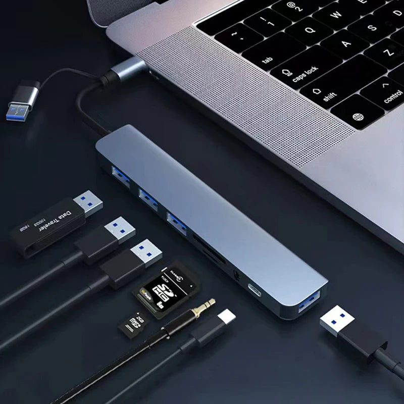 8-in-2 USB & Type-C Docking Station – Multiport Adapter with Audio & Card Reader