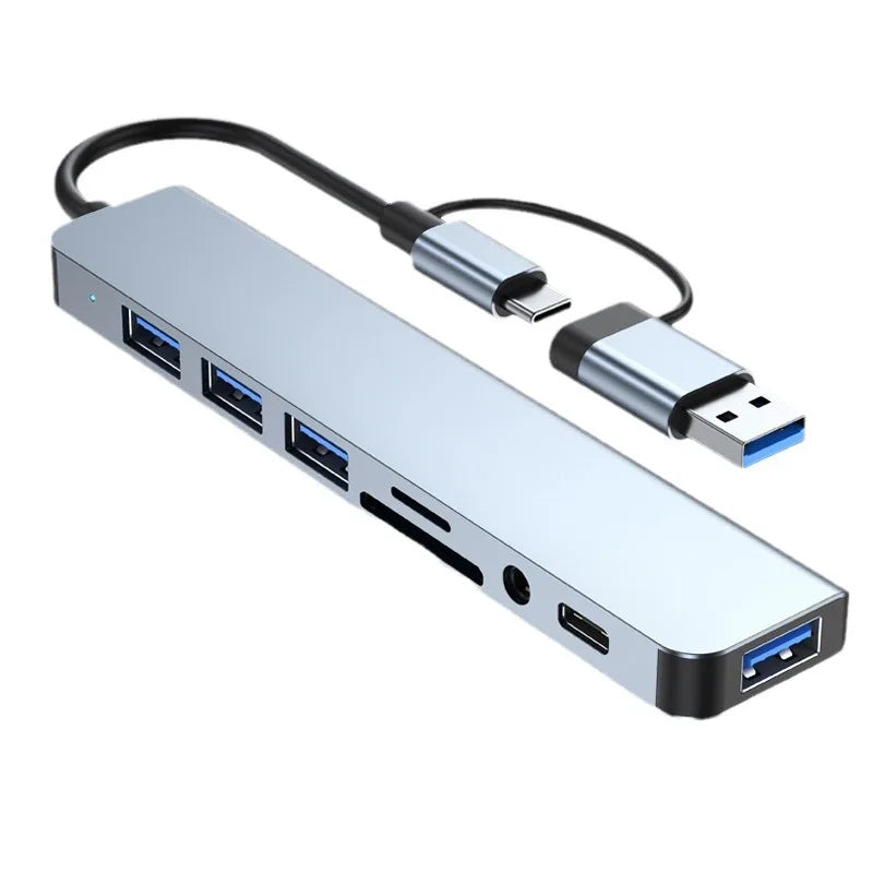 8-in-2 USB & Type-C Docking Station – Multiport Adapter with Audio & Card Reader