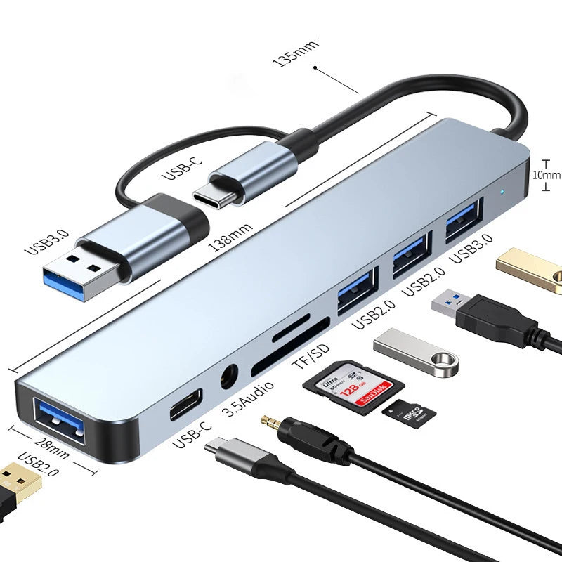 8-in-2 USB & Type-C Docking Station – Multiport Adapter with Audio & Card Reader