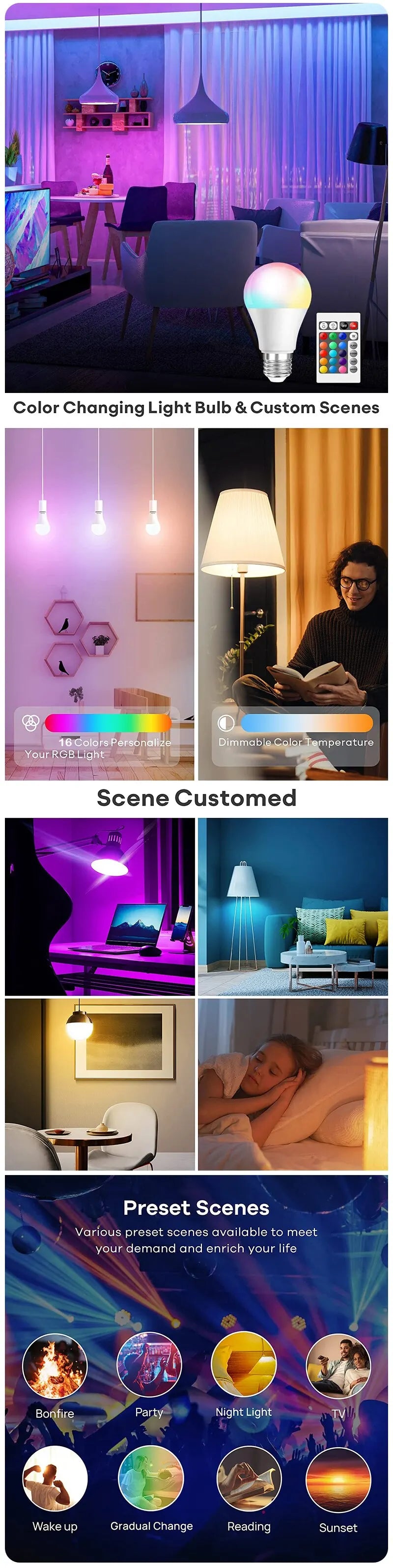 16-Color RGB LED Bulb - Dimmable Smart Lamp with Remote Control